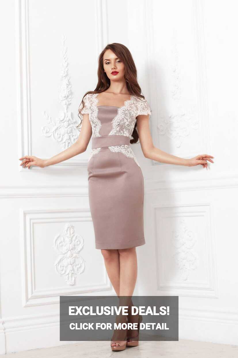 Cocktail Knee Length Pencil Lace Dress in Blush and White Color ...