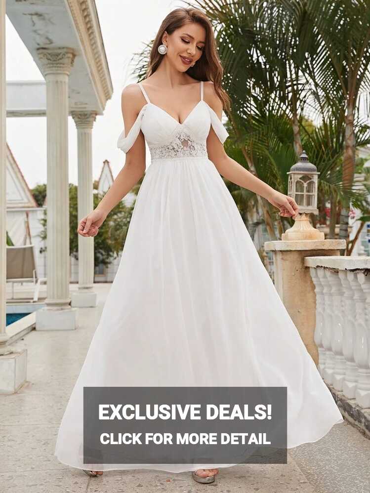 Cold Shoulder Contrast Lace Chiffon Wedding Dress | SHEIN