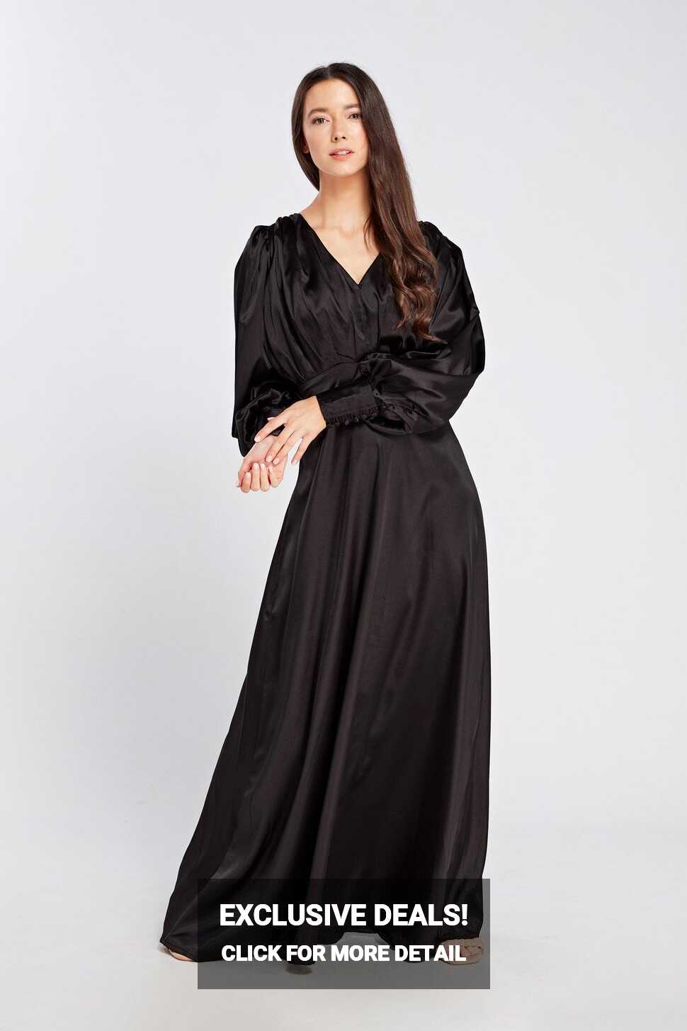 Colette Black Satin Maxi Gown with long sleeves - TAHLIRA