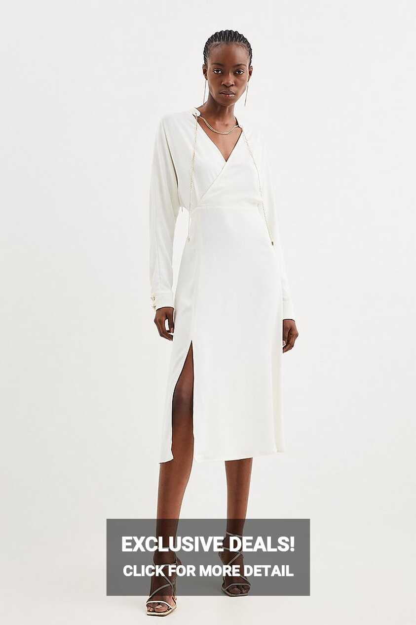 Collar Detail Wrap Front Long Sleeve Midi Dress | Karen Millen