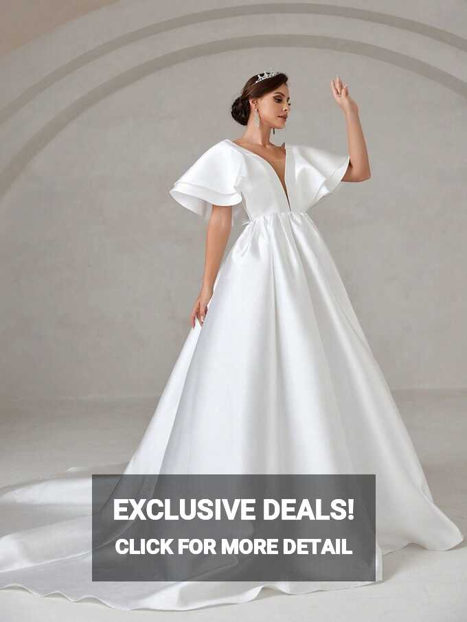 Contrast Mesh Butterfly Sleeve Satin Wedding Dress | SHEIN EUQS