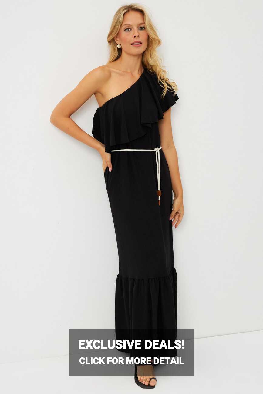 Cool &amp; Sexy Women&#39;s Black Ruffle One Shoulder Midi Dress EY2797 ...