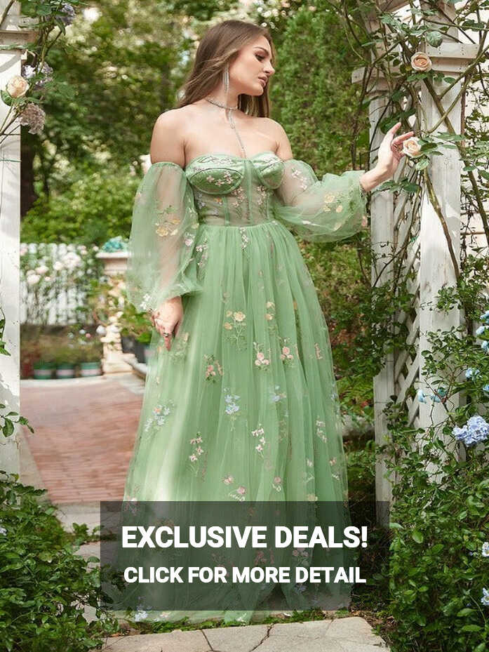 Corset Green Floral A-line Prom Dresses With Detachable Sleeves ...