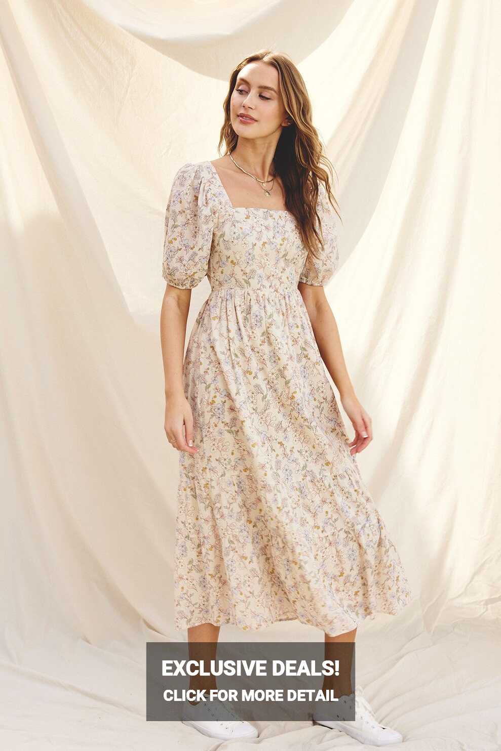 Cream Floral Puff Sleeve Midi Dress – PinkBlush