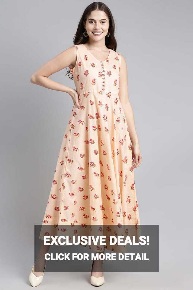 Cream Peach Cotton Floral Printed Sleeveless Long Dress - ZERESOUQ.COM