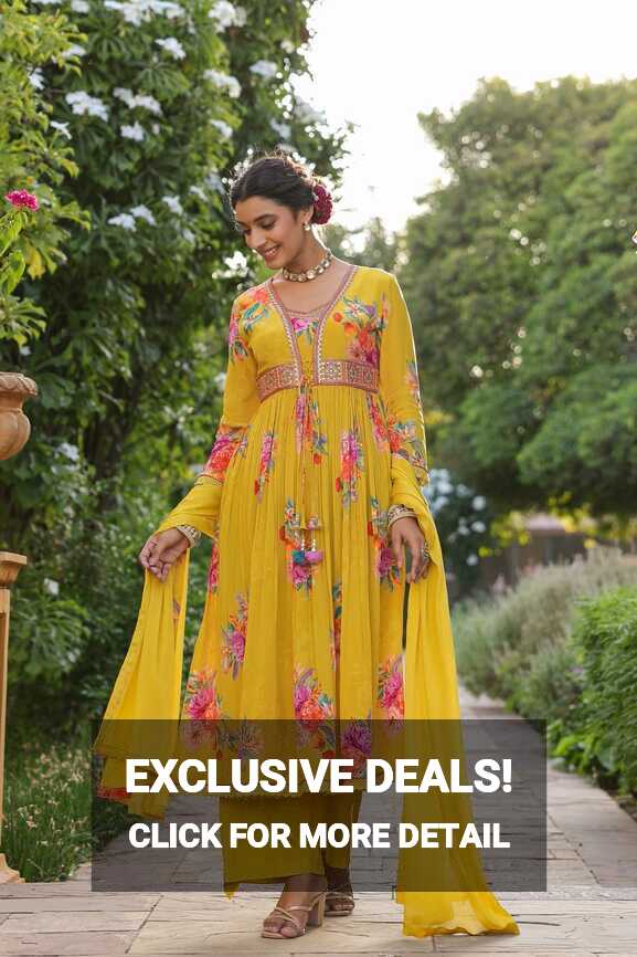 Crepe Printed Alia Cut Suit, Stitched, Mustard &amp; Cream at Rs 2650 ...