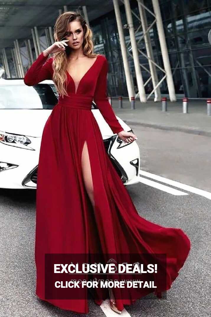 Crimson Red Long Sleeve Slit A-line Long Prom Dress - Promfy