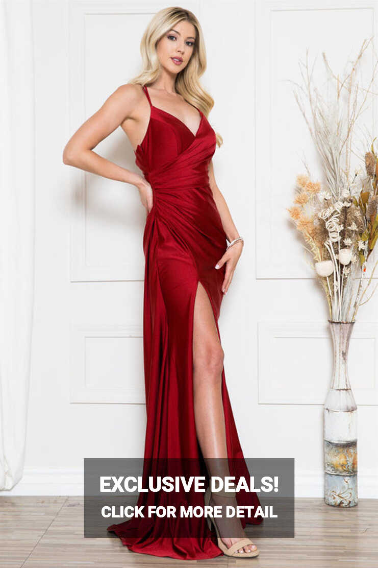 Criss-Cross Satin Fitted Red Evening Dress AC391R – Sparkly Gowns