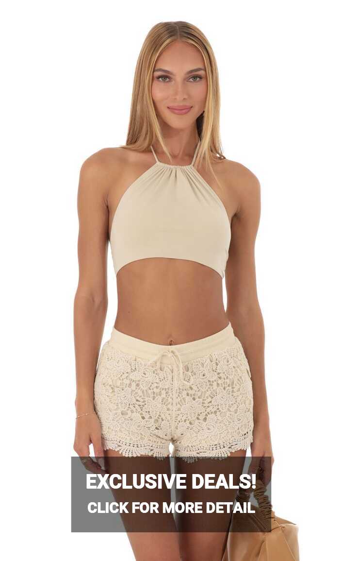 Crochet Two Piece Short Set in Beige | LUCY IN THE SKY