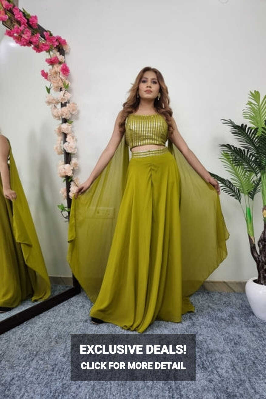 Crop Top Sharara Dress With Long Designer Sleeves In Parrot Green ...