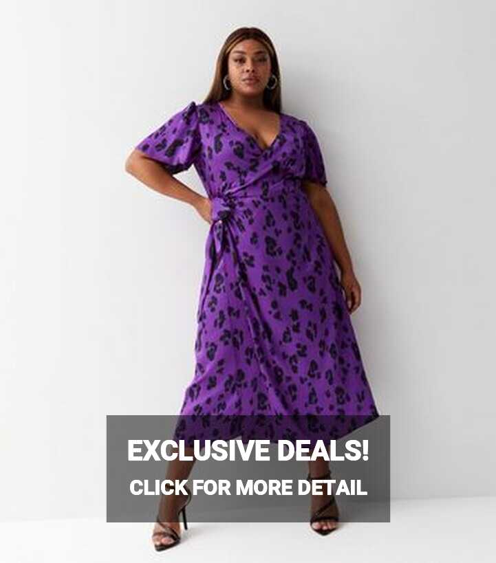 Curves Purple Floral Satin V Neck Short Sleeve Midi Wrap Dress ...