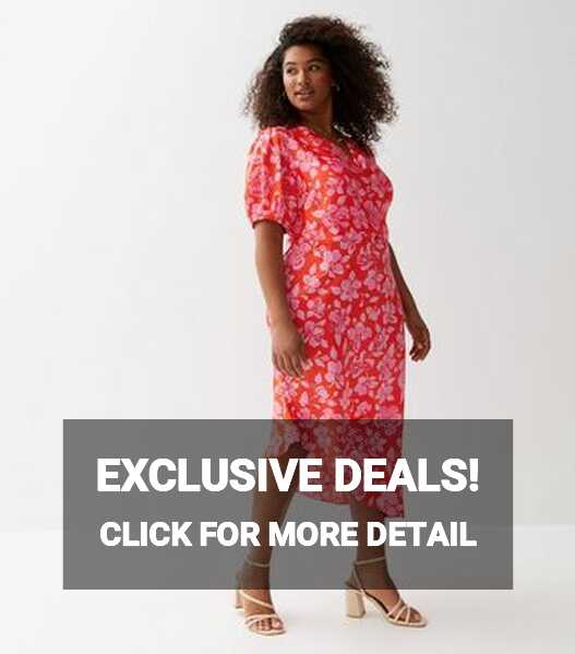 Curves Red Floral Short Sleeve Midi Dress | New Look