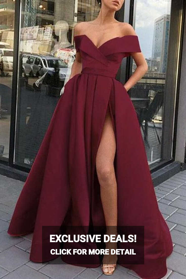 Custom Made Off the Shoulder Burgundy Long Prom Dresses, Off ...