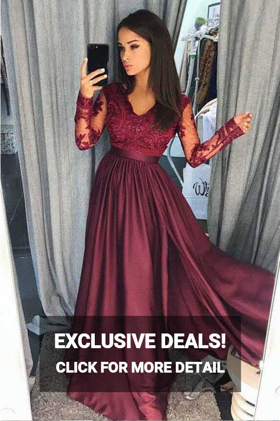 Custom Modest Burgundy Long Sleeve Prom Dress | Pretty Party Dress