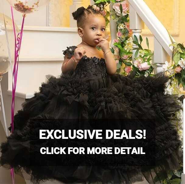 Custom Puffy Baby Girl Dress Black Tulle Lace Sheer Neck Princess ...