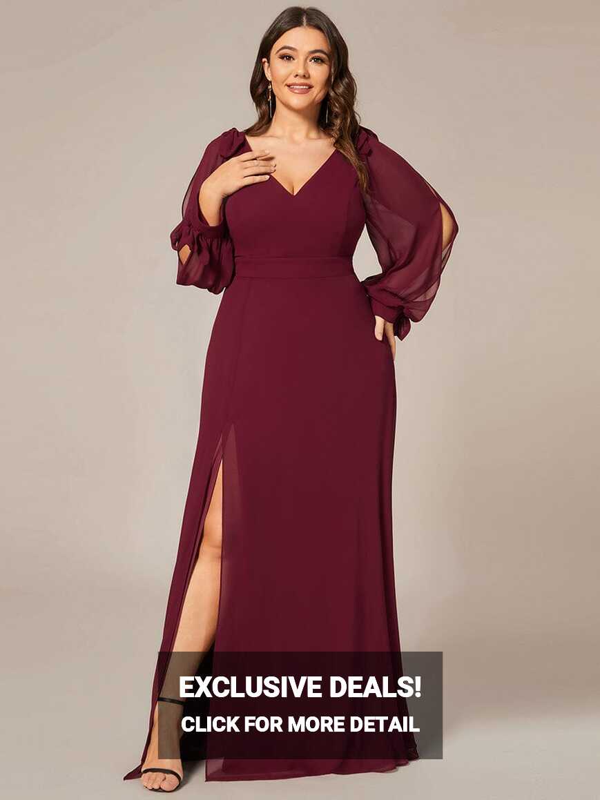 Custom Size Double V-Neck High Slit Long Sleeve Formal Dresses ...