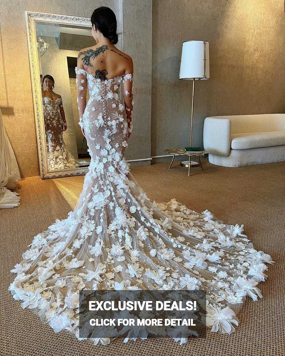 Custom Tulle - 3D Lace Mermaid Wedding Dress Long Sleeves, Nude ...