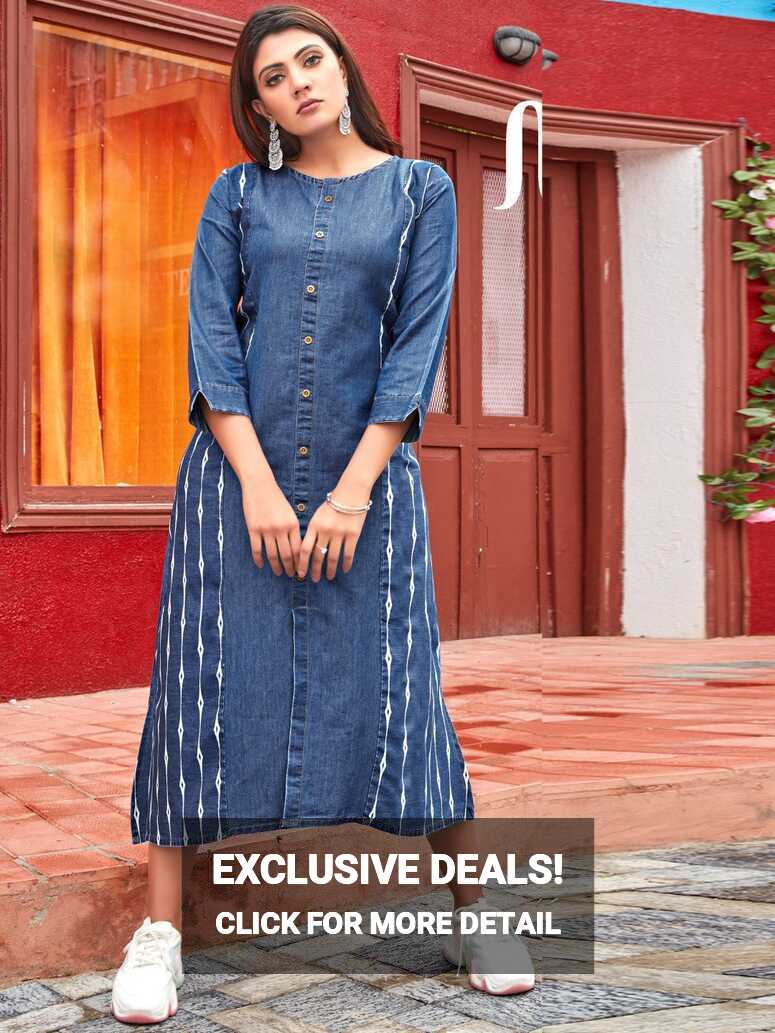 Cut Work Sleeves Cotton Denim Blue Long Kurti | Denimos-Tips ...