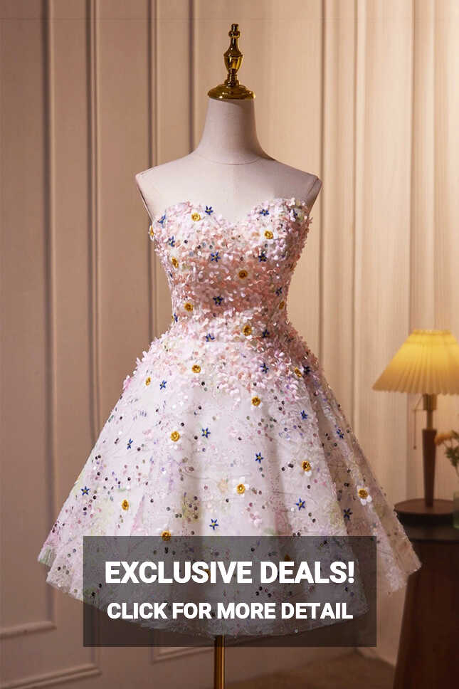 Cute 3D Floral Knee Length Party Dress, A-line Strapless Homecoming Dr