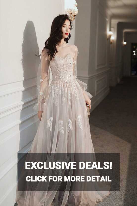 Cute A-Line Lace Floor Length Prom Dress, Long Sleeve Evening Party Dr