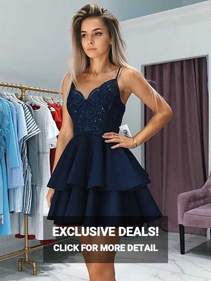 Cute A Line V Neck Layered Navy Blue Lace Short Prom Dresses ...