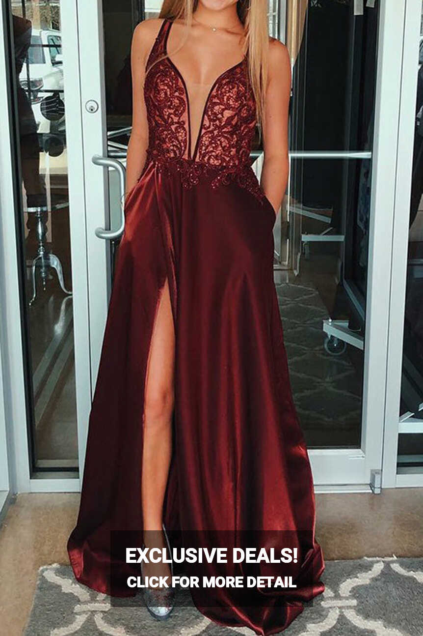 Cute A-line V-neck Burgundy Beaded Slit Prom Dresses with Pockets ...