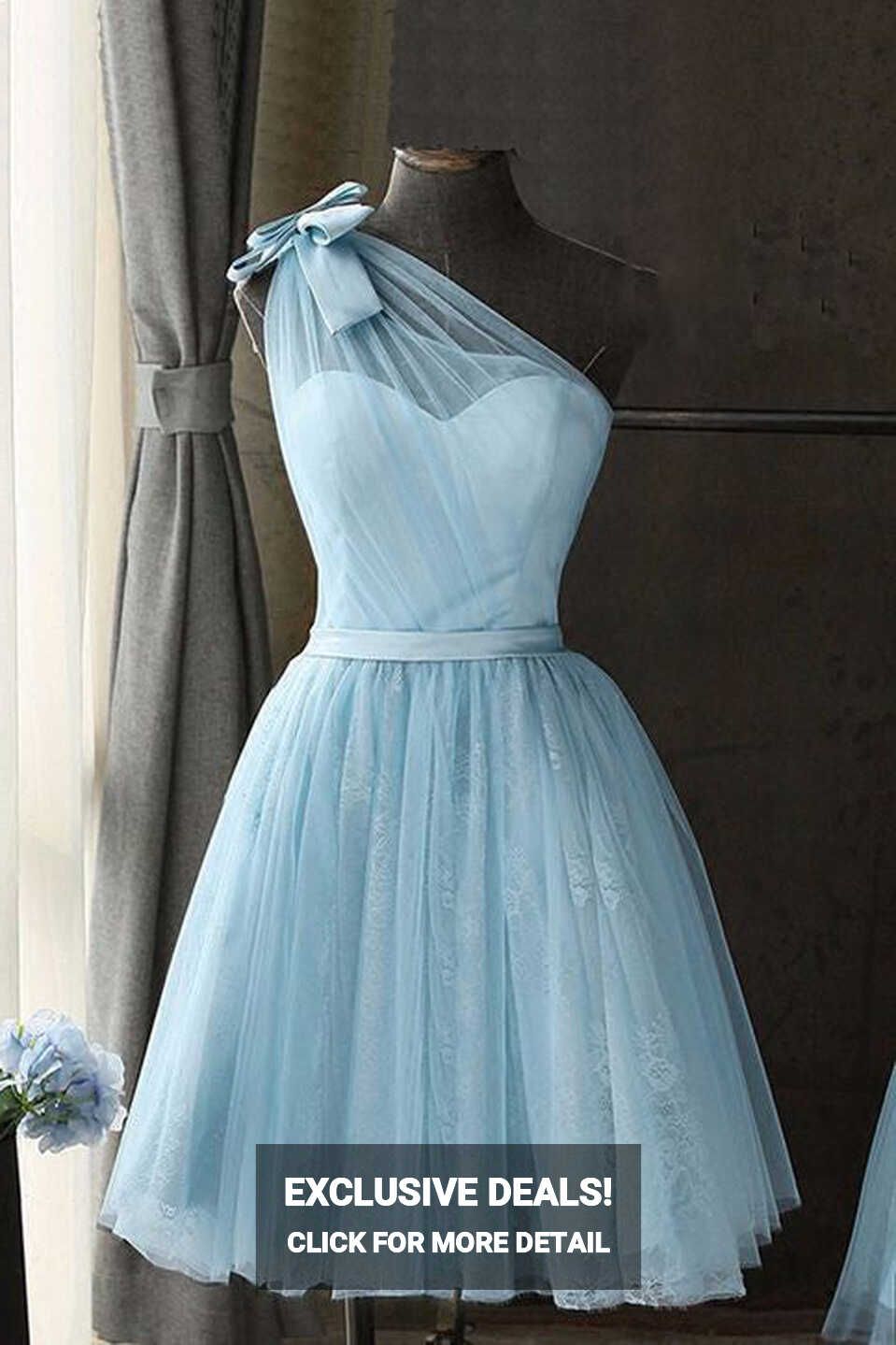 Cute Baby Blue Tulle One Shoulder Short Prom Dress, Bowknot Knee ...