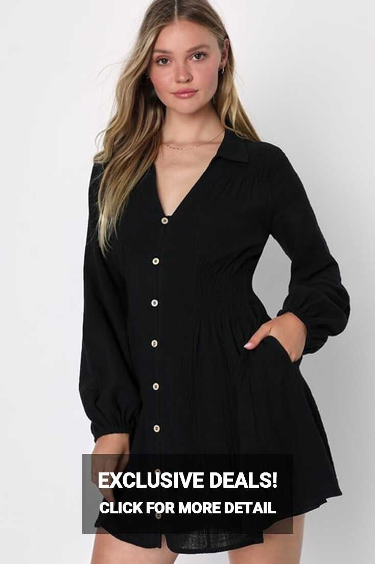 Cute Black Dress - Mini Skater Dress - Long Sleeve Dress - Lulus