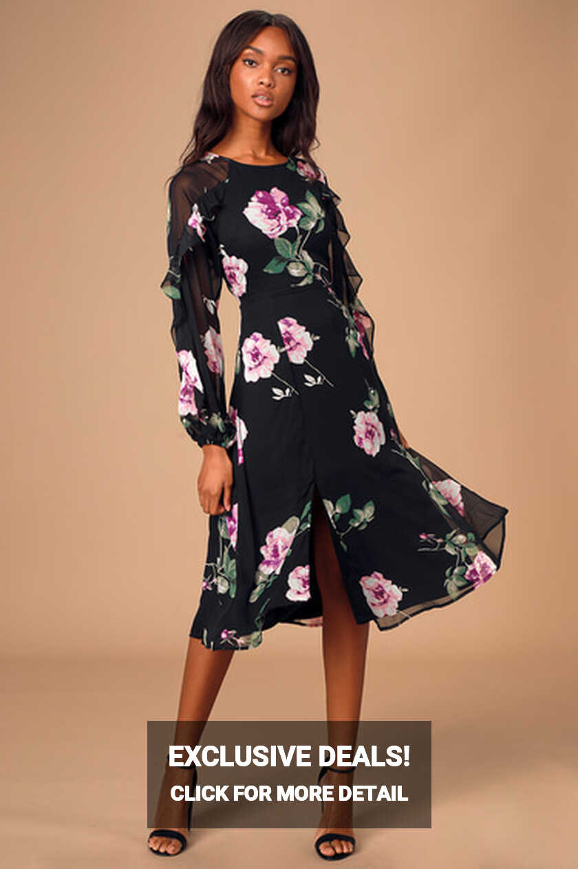 Cute Black Floral Dress - Floral Midi Dress - Long Sleeve Midi - Lulus