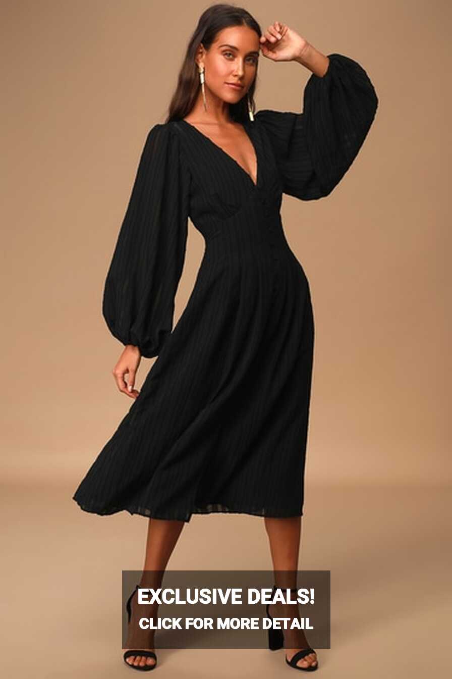 Cute Black Midi Dress - Long Sleeve Dress - Button Front Dress - Lulus