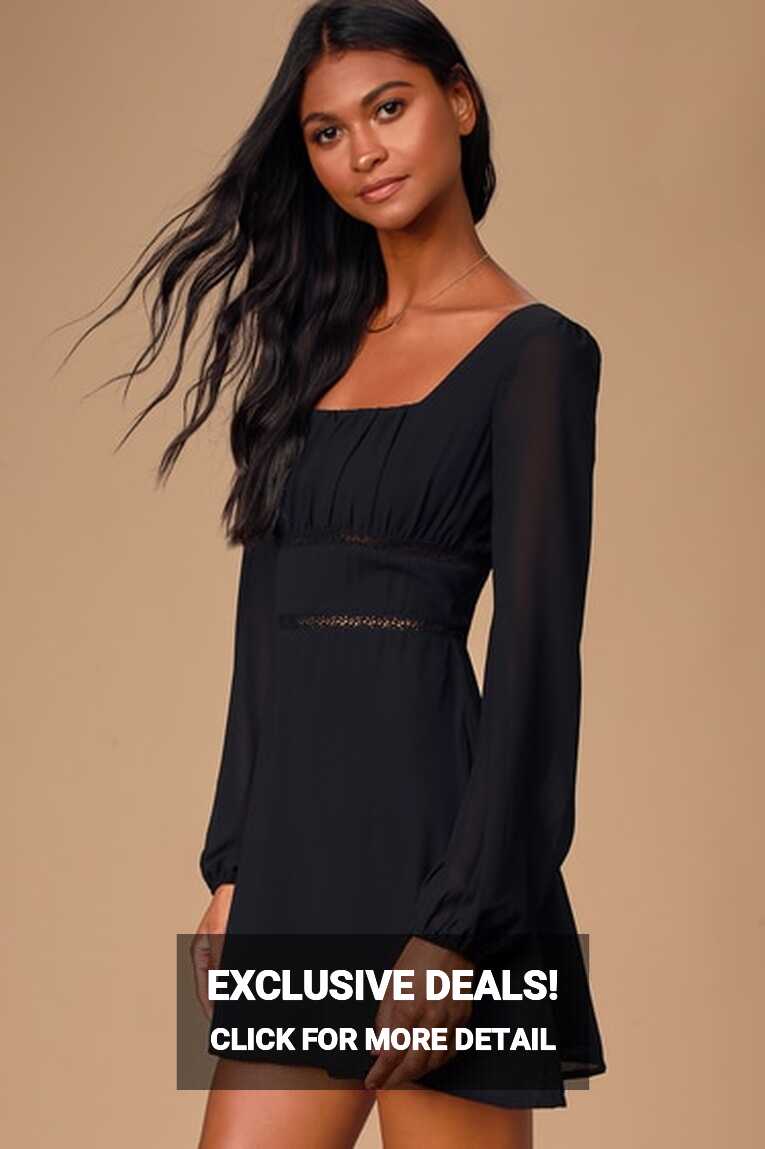 Cute Black Skater Dress - Square Neck Dress - Long Sleeve Dress ...