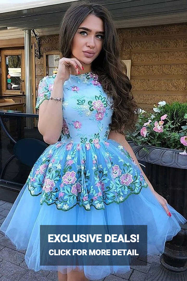 Cute Blue Floral Prints Tulle Short Sleeves A-Line Homecoming ...