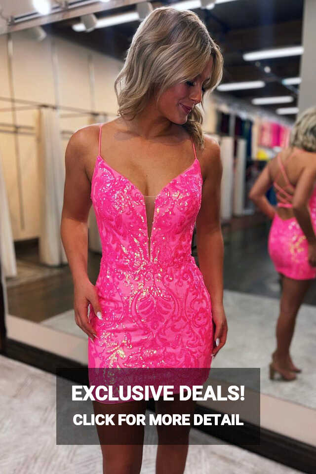 Cute Bodycon V Neck Hot Pink Lace Sequins Short Homecoming Dresses ...