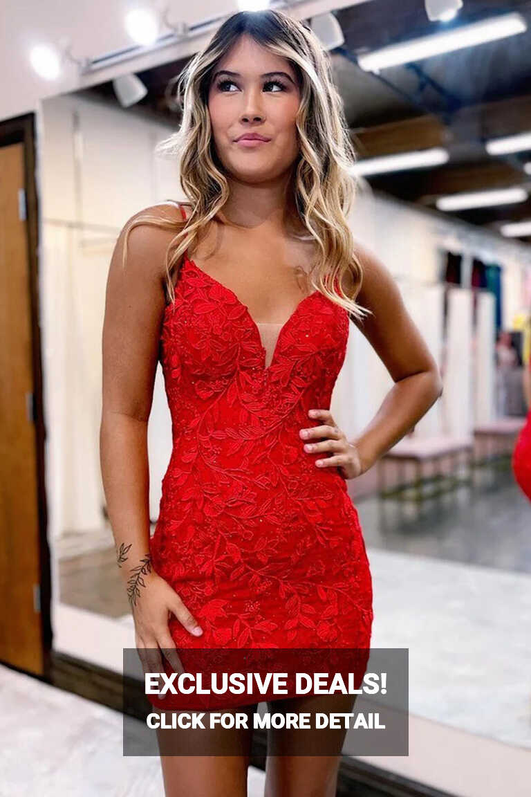 Cute Bodycon V Neck Red Lace Homecoming Dresses Short Prom Dresses ...