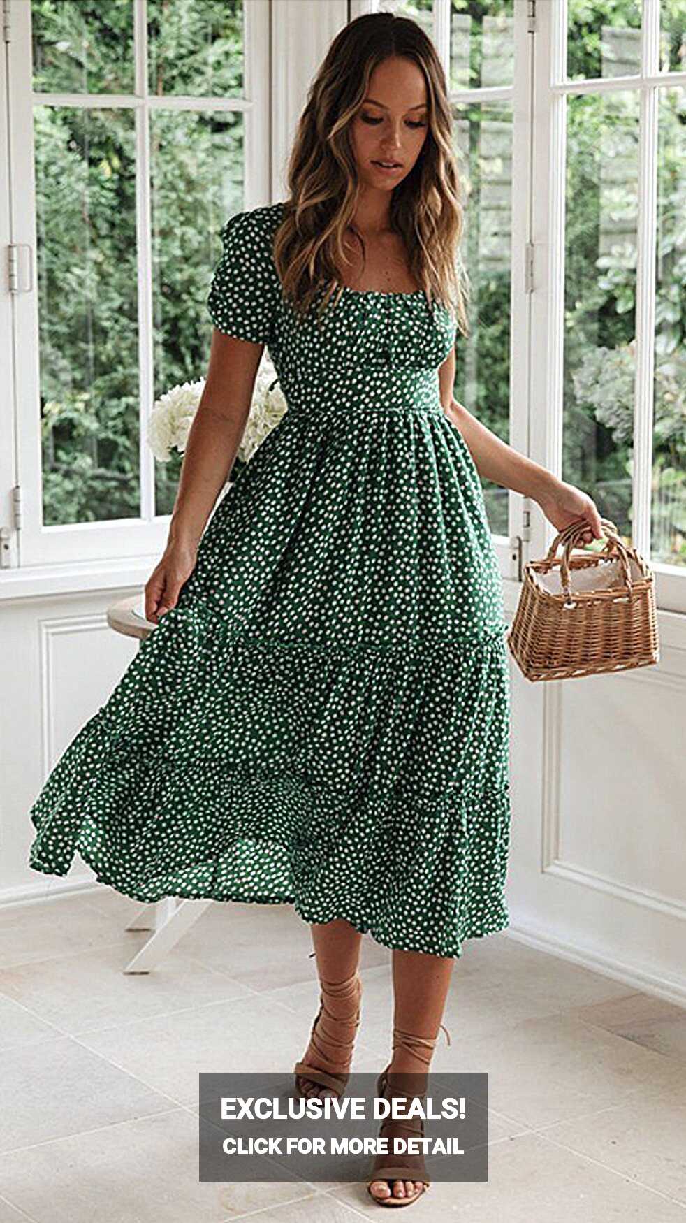 Cute Bohemian Floral Print Midi Dress - Medium / Green