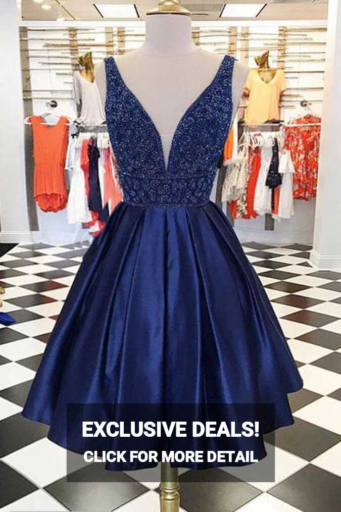 Cute Dark Blue Satin V neck Homecoming Dresses Chic Short Prom ...