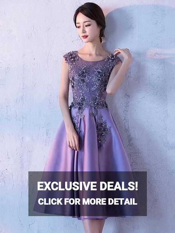 Cute Dark Purple Knee Length Satin Bridesmaid Dress, Lace Floral ...