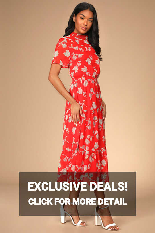 Cute Floral Print Dress - Red Midi Dress - Short Sleeve Dress - Lulus