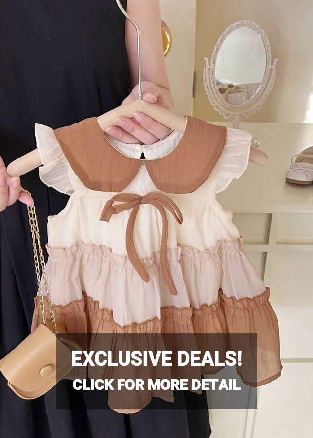 Cute Khaki Peter Pan Collar Ruffled Chiffon Kids Girls Dress ...