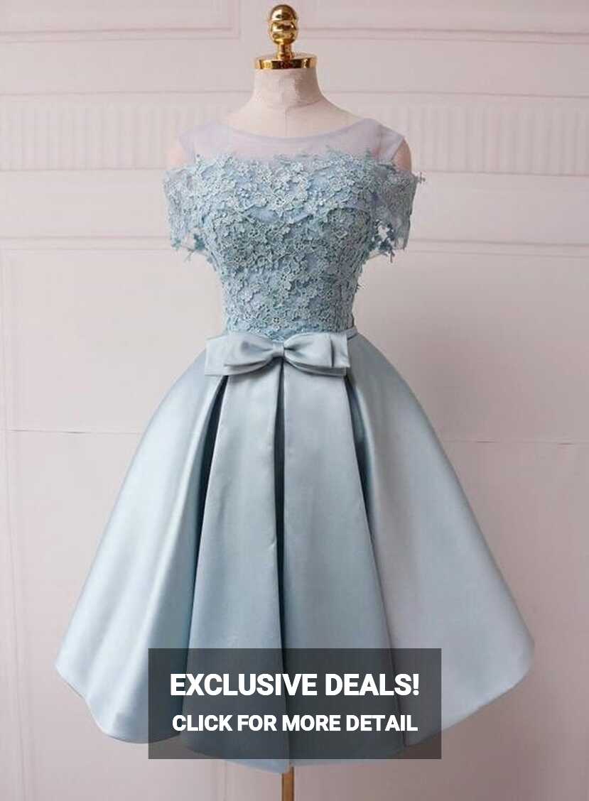 Cute Light Blue Satin Off Shoulder Party Dress, Knee Length Formal ...