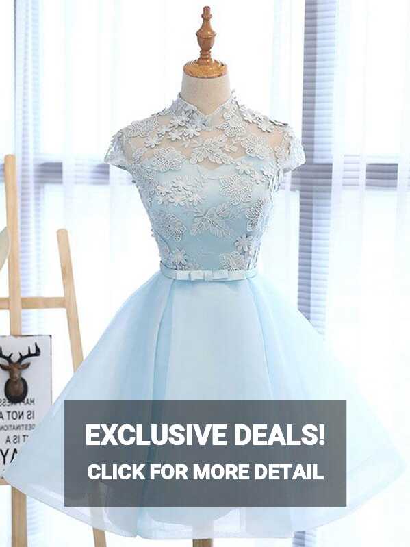 Cute Light Blue Short High Neckline Knee Length Party Dress, Blue ...