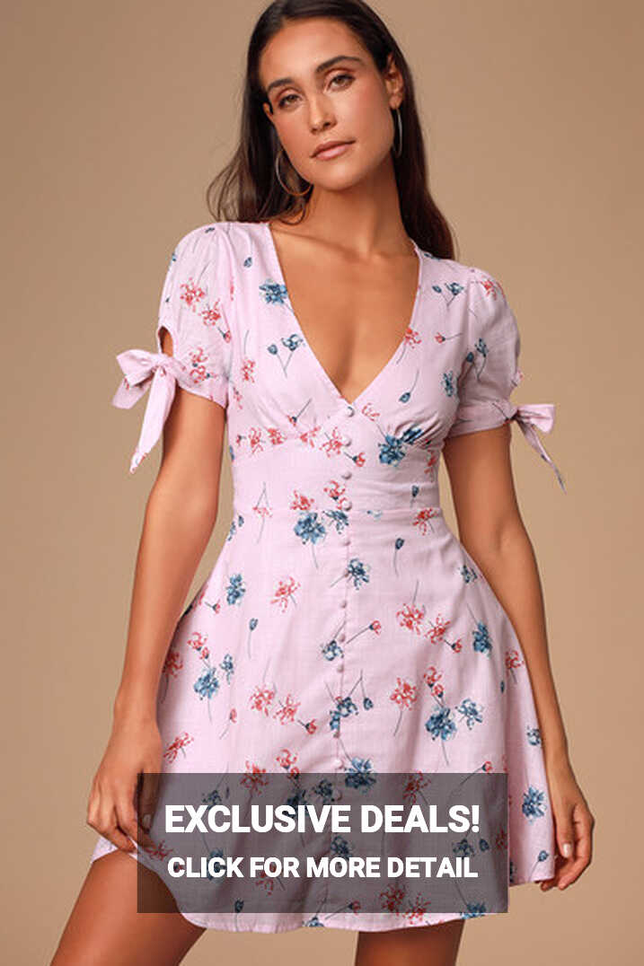 Cute Light Pink Dress - Floral Print Dress - Short Sleeve Dress ...