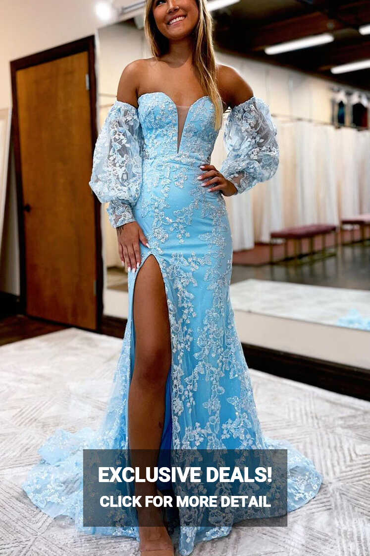 Cute Mermaid Sweetheart Light Blue Sparkly Lace Prom Dresses with ...