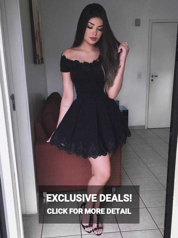 Cute Off Shoulder Lace Black Short Prom Dresses Homecoming Dresses ...