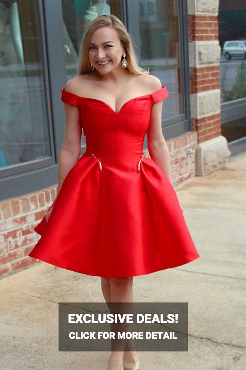 Cute Off Shoulder Red Satin Short Prom Dresses, Off the Shoulder ...