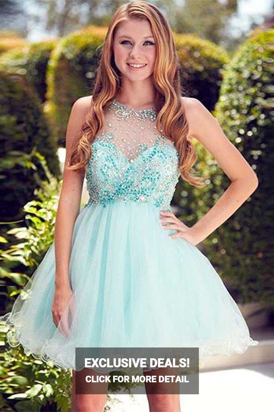 Cute Round neck Tulle Beads Sequin Short Prom Dress Homecoming ...