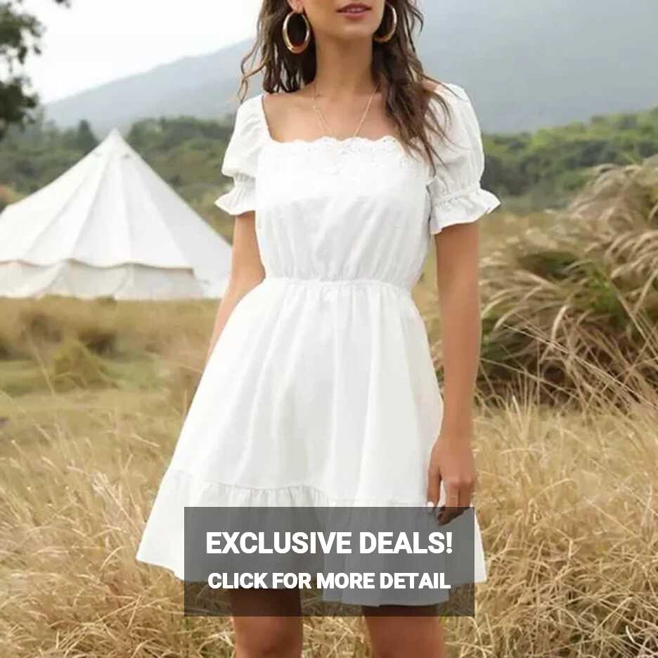 Cute Square Collar Puff Sleeve White Cotton Dress for Women ...