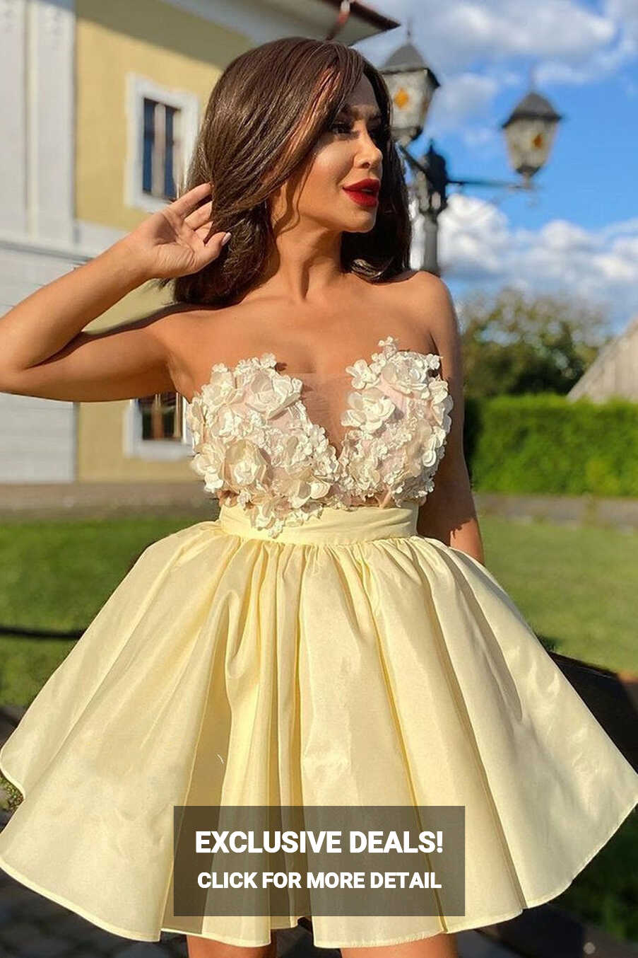 Cute Strapless Yellow Short Homecoming Dress with Flowers ...