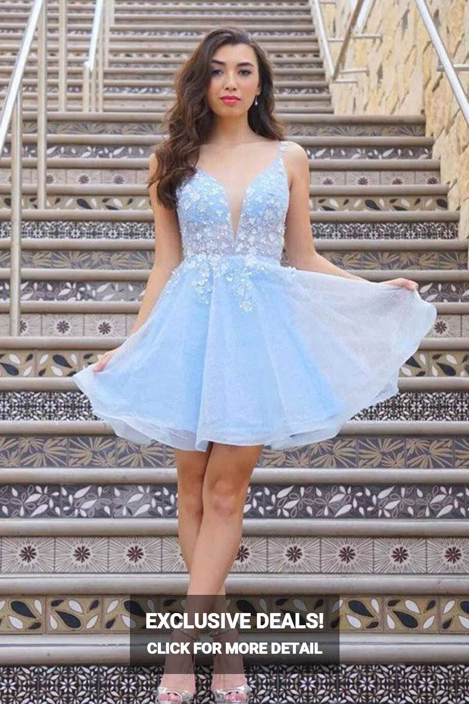 Cute V Neck Light Blue Lace Floral Short Prom Homecoming Dresses ...