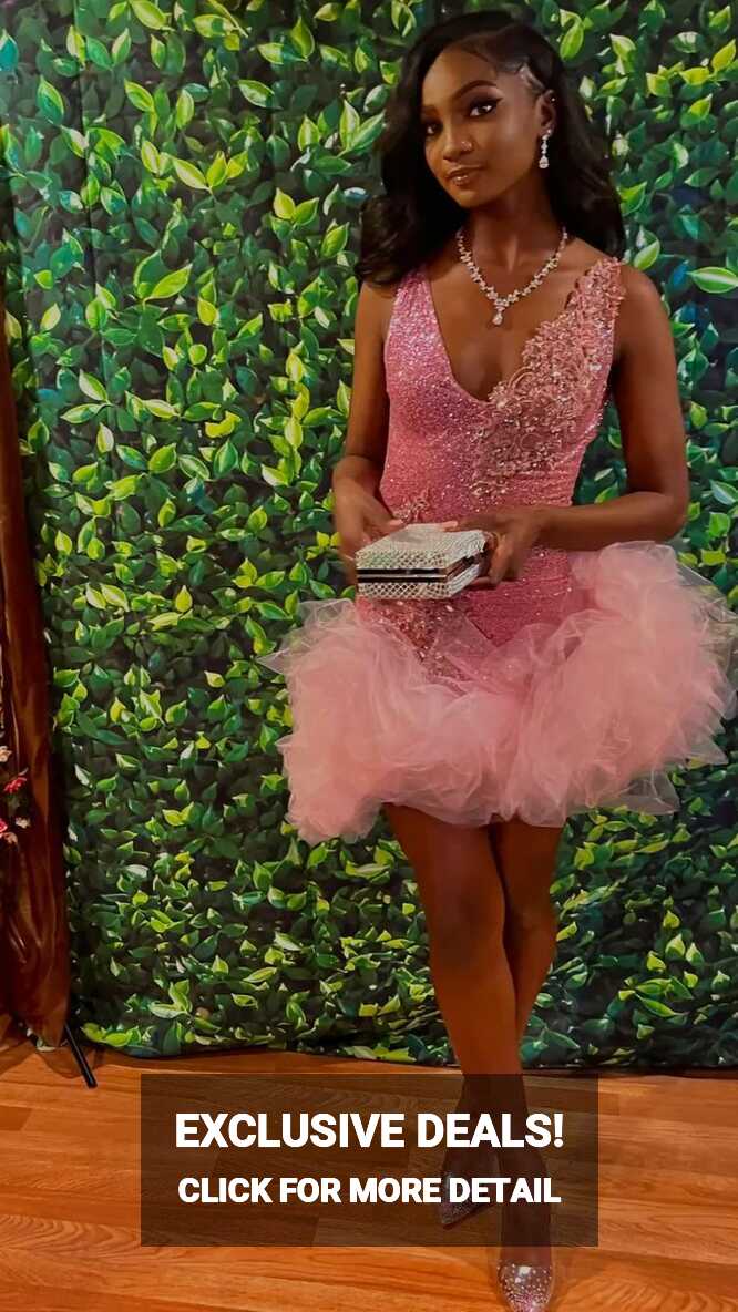 Cute V Neck Pink Short Homecoming Dress and Bottom Tulle Ruffles ...